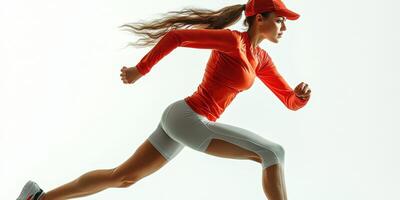 Woman runs at full speed in sportswear against a light backdrop during a fitness training session photo