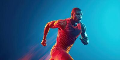 Dynamic athlete sprinting with intensity against a vibrant artistic backdrop during a training session photo