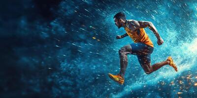 Dynamic athlete leaps through a shower of water in a lively and energetic setting photo