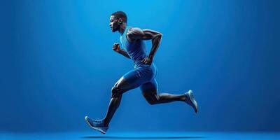 Dynamic athlete sprinting in vibrant blue background during intense training session photo