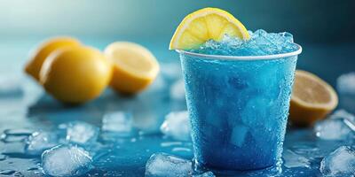 Refreshing blue drink with lemon on ice surrounded by fresh lemons in a cool setting photo