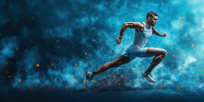 Racer sprints through a dynamic blue haze at a competitive outdoor event photo