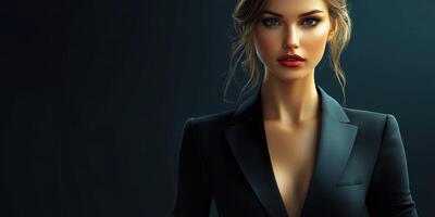 Elegant woman in a stylish black suit posing against a dark background with a confident expression photo