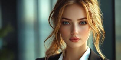 Woman with golden hair and captivating eyes poses indoors, showcasing elegance in a modern setting with soft lighting photo