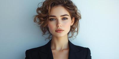 Confident young woman poses elegantly against a simple background during daytime in a professional setting photo