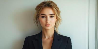 Confident young woman poses in stylish black blazer against a neutral background in a modern setting photo