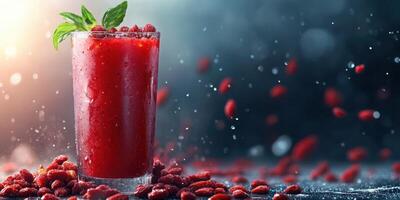 Refreshing raspberry beverage garnished with mint on a dark, textured background evoking a vibrant summer atmosphere photo