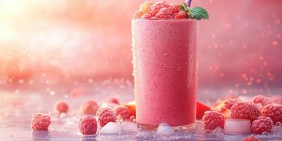 Refreshing raspberry smoothie with ice and fruit surrounded by vibrant colors in a summer setting photo