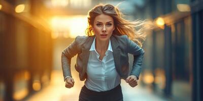 Woman in a business suit running confidently through an urban setting during sunset in the evening light photo