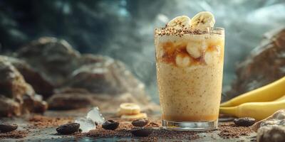 Refreshing banana coffee smoothie garnished with ripe banana slices on a rustic table photo