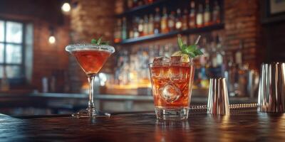 Refreshing cocktails served at a cozy bar during the evening with warm lighting photo