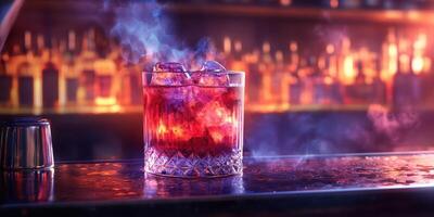 Richly colored cocktail served in an elegant glass with ice against a blurred bar background illuminated by warm lights photo