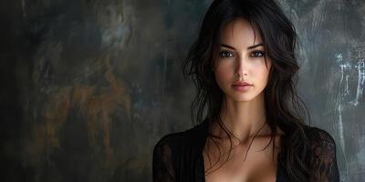 Stunning portrait of a woman with long dark hair and captivating gaze against a textured backdrop photo