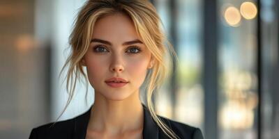 Portrait of a woman with blonde hair and soft makeup in a modern indoor setting during daylight photo