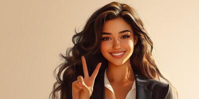 Smiling young woman with long hair giving a peace sign in a soft-lit indoor space during daytime photo