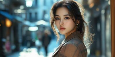 Elegant woman poses in an urban street with soft lighting, capturing a serene moment during the golden hour photo
