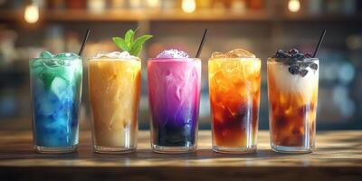Colorful cocktails lined up on a wooden bar top, showcasing refreshing drinks for a lively atmosphere photo