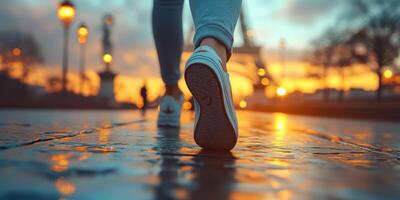 Person walks along a wet street at sunset near iconic tower, capturing a serene moment in an urban landscape photo