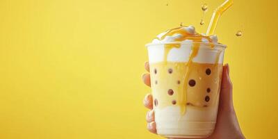 Refreshing mango dessert with tapioca pearls enjoyed on a sunny day in a bright setting photo