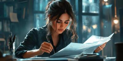 Young woman studies documents in a cozy workspace surrounded by books and warm light photo
