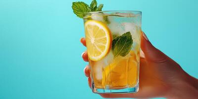 Refreshing iced tea with lemon and mint on a bright blue background for summer enjoyment photo