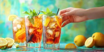 Refreshing summer drinks with citrus garnishes in a vibrant setting photo