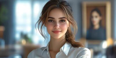 Young woman smiling confidently in a modern indoor setting with a painting in the background during daytime photo