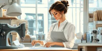 Skilled seamstress working on fabric in a bright sewing studio during daylight hours photo