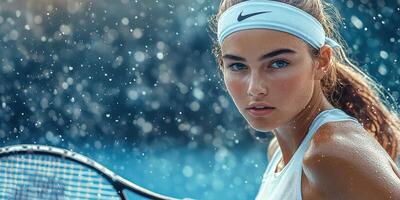 Young female tennis player focuses intensely during a rain-soaked match at an outdoor court in the afternoon photo