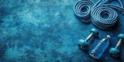 Fitness equipment on a blue textured background with dumbbells, water bottle, and exercise ropes ready for workout session photo