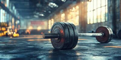 Barbell resting on the gym floor with sunlight filtering through large windows in a fitness center photo
