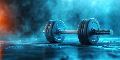 Black dumbbell resting on a wet surface in a blue lit gym environment with a hint of smoke in the air photo