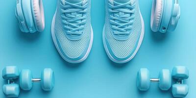 Workout essentials with stylish turquoise sneakers, headphones, and dumbbells arranged on a vibrant blue background photo