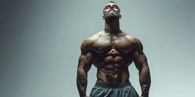 Muscular athlete posing confidently in a studio with dramatic lighting enhancing their physique photo