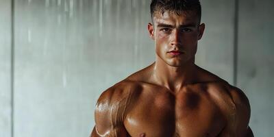Muscular man posing confidently under shower with water cascading down at a gym studio photo