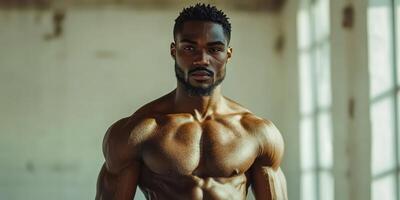 Man posing confidently in a well-lit industrial space showcasing his muscular physique during a midday workout photo