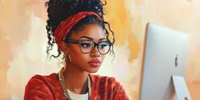 Young woman with curly hair working diligently at a computer on a creative project in a bright workspace photo