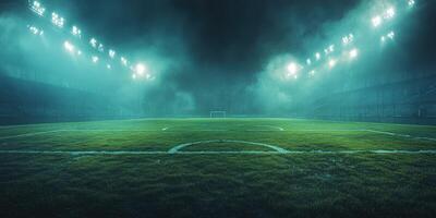 Nighttime soccer field illuminated by bright floodlights with fog rolling over the fresh grass photo