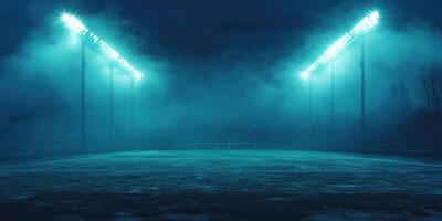 Mysterious night at an empty soccer field illuminated by floodlights in foggy conditions photo