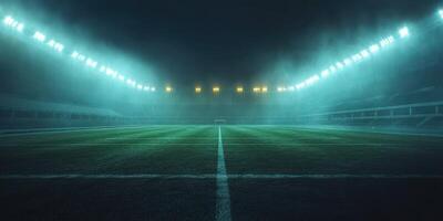 Nighttime view of a modern stadium field illuminated by bright floodlights in a foggy atmosphere during an evening match photo