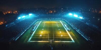 Exciting night football match attracts large crowd under bright stadium lights in vibrant atmosphere photo