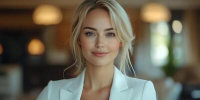 Professional woman with blonde hair smiles confidently in a modern office setting during daytime with soft lighting photo