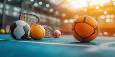Various sports balls rolling on a blue indoor court surrounded by nets in a lively gym setting photo