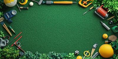 Garden tools and sports equipment arranged on grass with greenery in the background during a sunny daytime photo