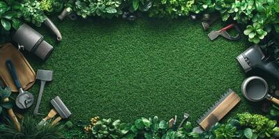 Gardening tools and greenery set against a vibrant green grass background photo