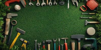 Collection of garden tools arranged on green grass background with soccer ball photo