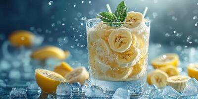 Refreshing summer drink with banana and lemon slices served over ice with mint garnish photo