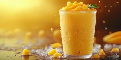 Refreshing mango smoothie served in a cold glass on a sunny day with ice and fresh mango chunks photo