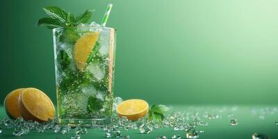 Refreshing mint lemonade with ice and citrus on a vibrant green background photo