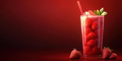 Refreshing strawberry drink served in a tall glass with ice and mint on a vibrant red background photo